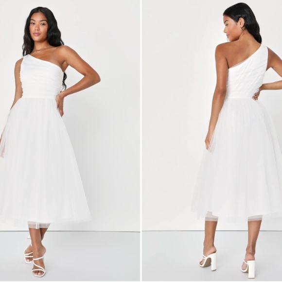 LULUS Bridal Bachelorette Engagement Bridal Shower Sexy One Shoulder Midi Dress - Picture 5 of 5